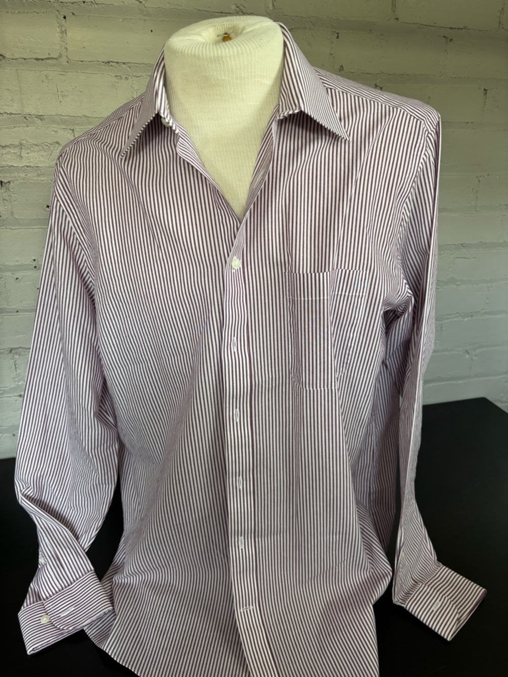 Stafford Men's Burgundy and White Pinstripe Dress Shirt